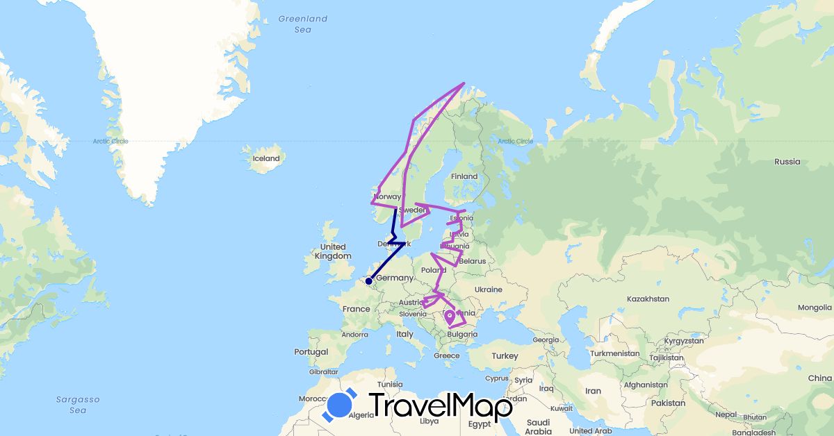 TravelMap itinerary: driving, train in Belgium, Bulgaria, Denmark, Estonia, Hungary, Lithuania, Latvia, Norway, Poland, Romania, Sweden, Slovakia (Europe)
